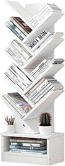 Tree Shaped Bookshelf for Narrow Space Open Shelf Bookcase with Storage Cabinet Floor Standing Office Book Display Stand for Books, CDs, Vinyl Records (White2)