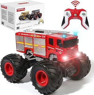 Remote Control Monster Truck - 1:18 Scale RC Monster Fire Fighter, 2.4GHz Big Wheel School Bus with Lights, Sounds, Rechargeable Electric Toy Stunt Jam Car for Kids, Boys, Girls (Fire Truck)