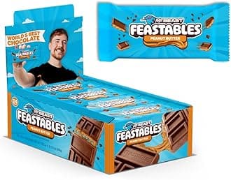 MrBeast Feastables Peanut Butter Milk Chocolate Bar, Full Size, 24 Count, Creamy Peanut Butter Filled Chocolate Candy, Fairtrade Cocoa, 1.24oz Each