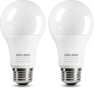 DiCUNO E27 Screw LED Bulb 9W, Daylight White 5000K, 60 Watts Halogen Equivalent, Large Screw in Light Bulb, 806LM, Non-Dimmable, ES High CRI 90 Lightbulbs for Lamp, 2 Pcs
