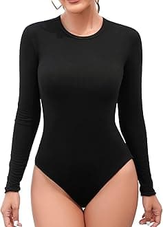 MANGDIUP Women's Bodysuit - Long Sleeve Round Neck Stretch Top Bodysuit Jumpsuit
