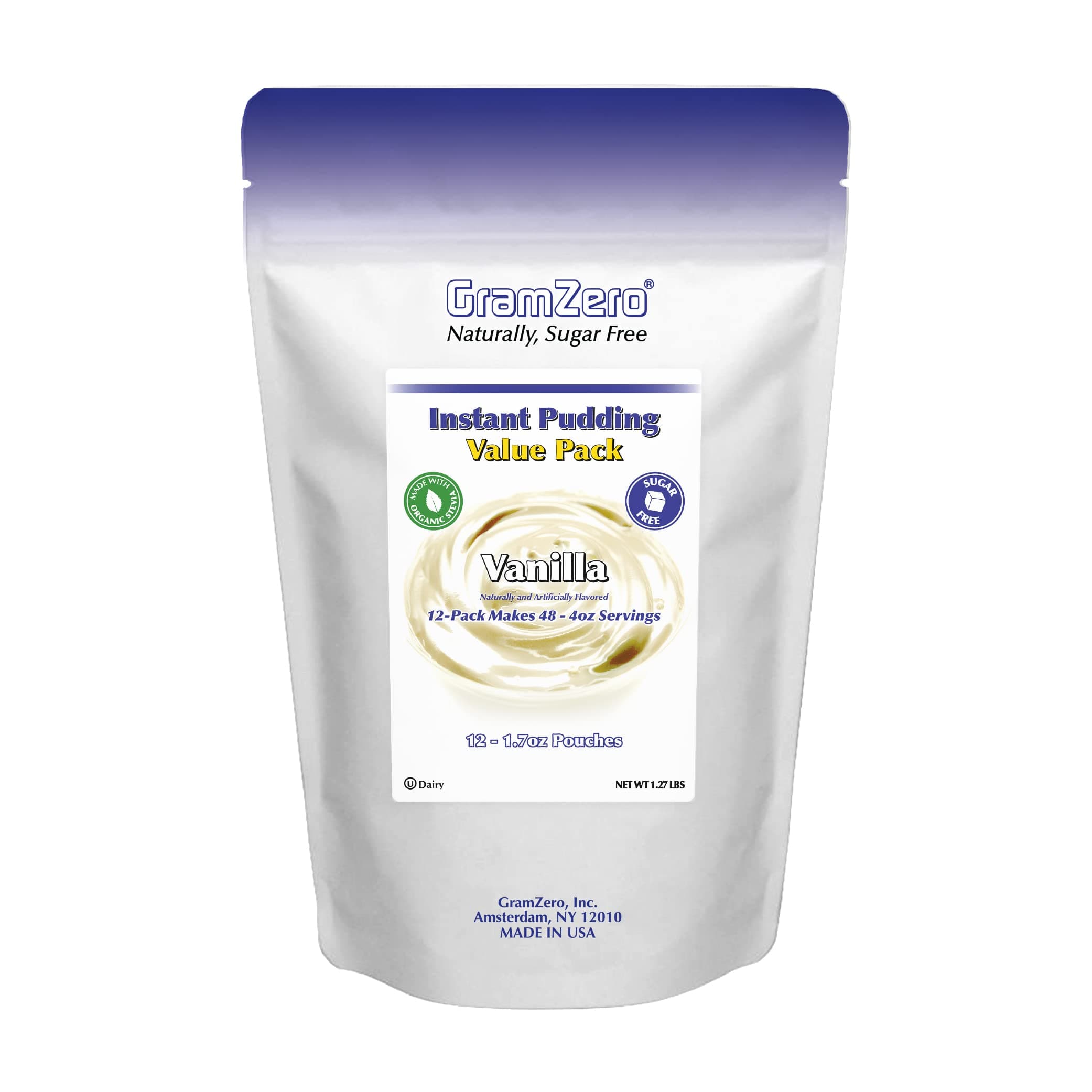 GramZero Vanilla Sugar Free Pudding Mix 12-Pack, Great For Nutrition Club Meal Replacement Shakes, Low Calorie Dessert, Stevia Sweetened