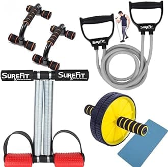 SUREFIT 4-in-1 Home Gym Combo | Double Spring Tummy Trimmer, Resistance Toning Tube, Ab Roller & Push-Up Bar | Full Body Fitness Kit for Men & Women | Home Workout Set (RED)