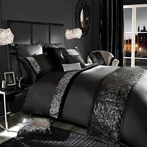Sparkling Sequin Egyption Cotton 4PC Bedding Set(1 Duvet Cover+2 Pillow Cover+ 1 Bed Runner) King Black Wedding