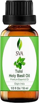 SVA Organics Tulsi (Holi Basil) Essential Oil - 10 ml (1/3 Oz) - 100% Pure, Natural, Undiluted & Therapeutic Grade for Rejuvenated Skin & Face, Hair Care, Aromatherapy, Diffuser, DIY Soap & Candle