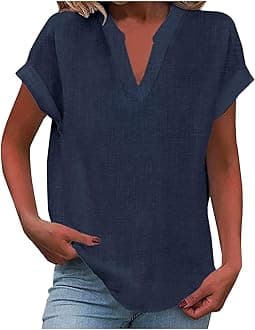 Tunic Tops for Women Loose Fit Dressy Casual Buttons Vneck Blouses Trendy Summer Cotton Linen Shirt Holiday Outfits