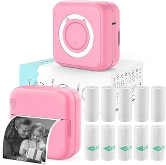 Inkless Mini Thermal Pocket Printer, Wireless Mini Sticker Printer with 10 Rolls Thermal Paper for iOS&Android, Portable Mini Photo Printer for Notes Journal Memo Photo Study, Pink