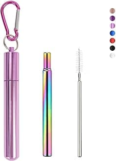 1 Pack Metal Straws, Reusable Straws with 1 Aluminum Case, 1 Cleaning Brush, and 1 Keychains, for Cruise Ship Essentials, Travel Essentials(Pink)