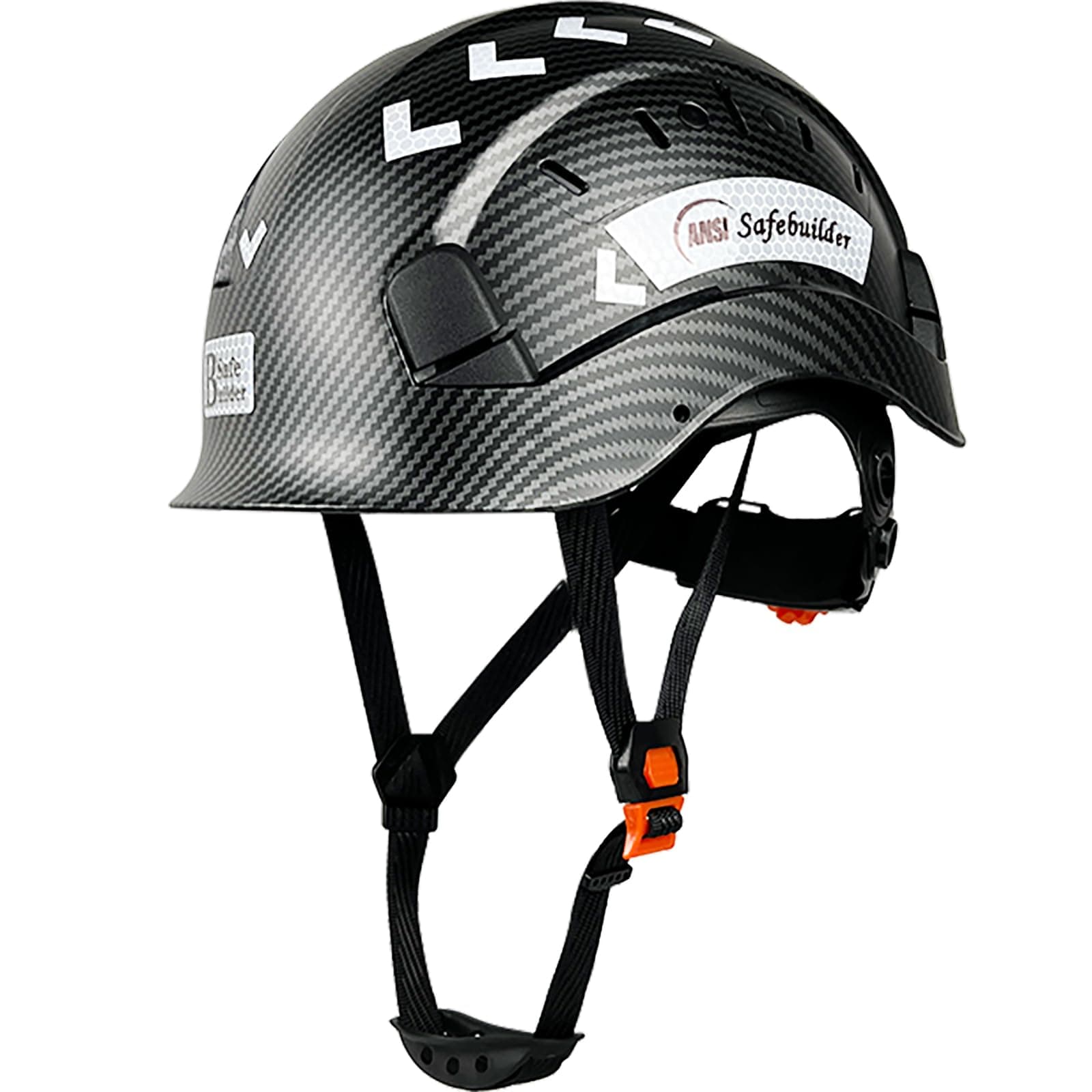 Carbon Fiber Pattern Work-at-Height ABS Rescue Hard Hat Slotted Ventilated Helmet w/Adjustable Ratchet 6-Point Suspension ANSI Z89.1-14 (Matte Black Hat)