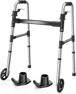 Folding Walker with 2 Skis and 5" Wheels, Lightweight Walkers for Seniors and Adults, Supports Up to 350 Pounds, Adjustable Height, Compact Standard Walker, Black