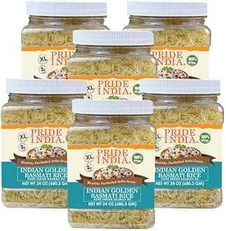 PACK of 6 - Extra Long Indian Golden Basmati Rice - Healthy Parboiled Sella Grain, 1.5 Pound Jar