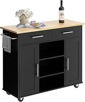 Shintenchi Kitchen Storage Island Cart with 3 Open Shelves, 2 Drawers and 2 Cabinets, Kitchen Cart on Wheels with Handle/Towel Rack, Black