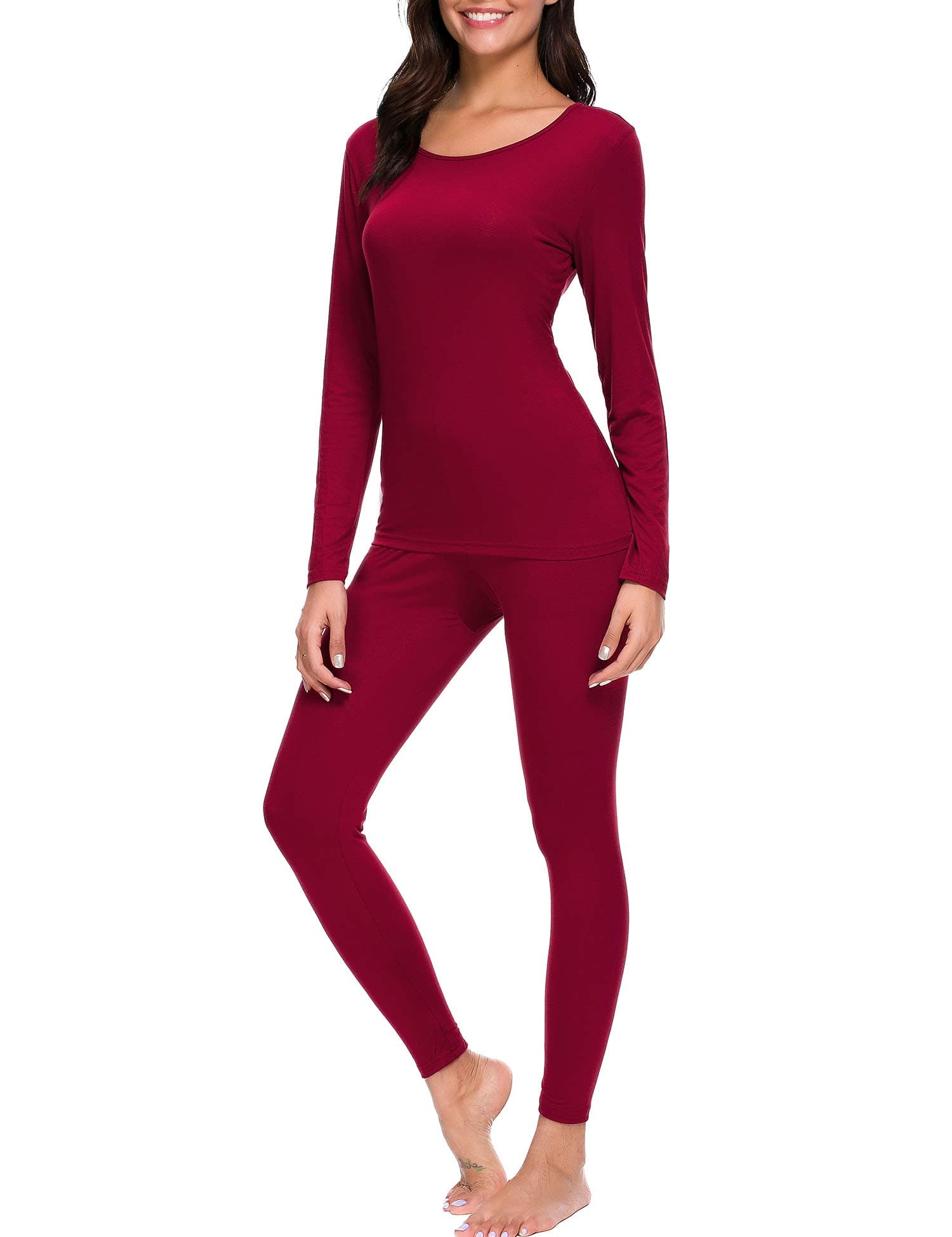 Women's Ultra Soft Thermal Underwear Sets Long Johns Underlayer 2 Piece Pj Set (Wine Red, Large)