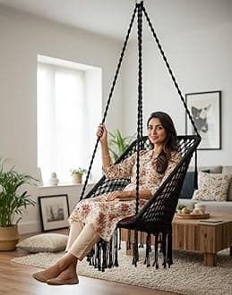 Swing for Balcony/Swing Chair for Adults for Home/for Indoor Outdoor Premium Rectangular Swing Chair with Red L Cushion & Free Hanging Kit Included-Black