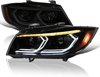 Black Smoke Dual Projector Headlights with 3D LED Tube and Startup Animation Compatible with 2006-2011 BMW 3-Series E90 Sedan/E91 Wagon, Left + Right Pair Headlamps Assembly