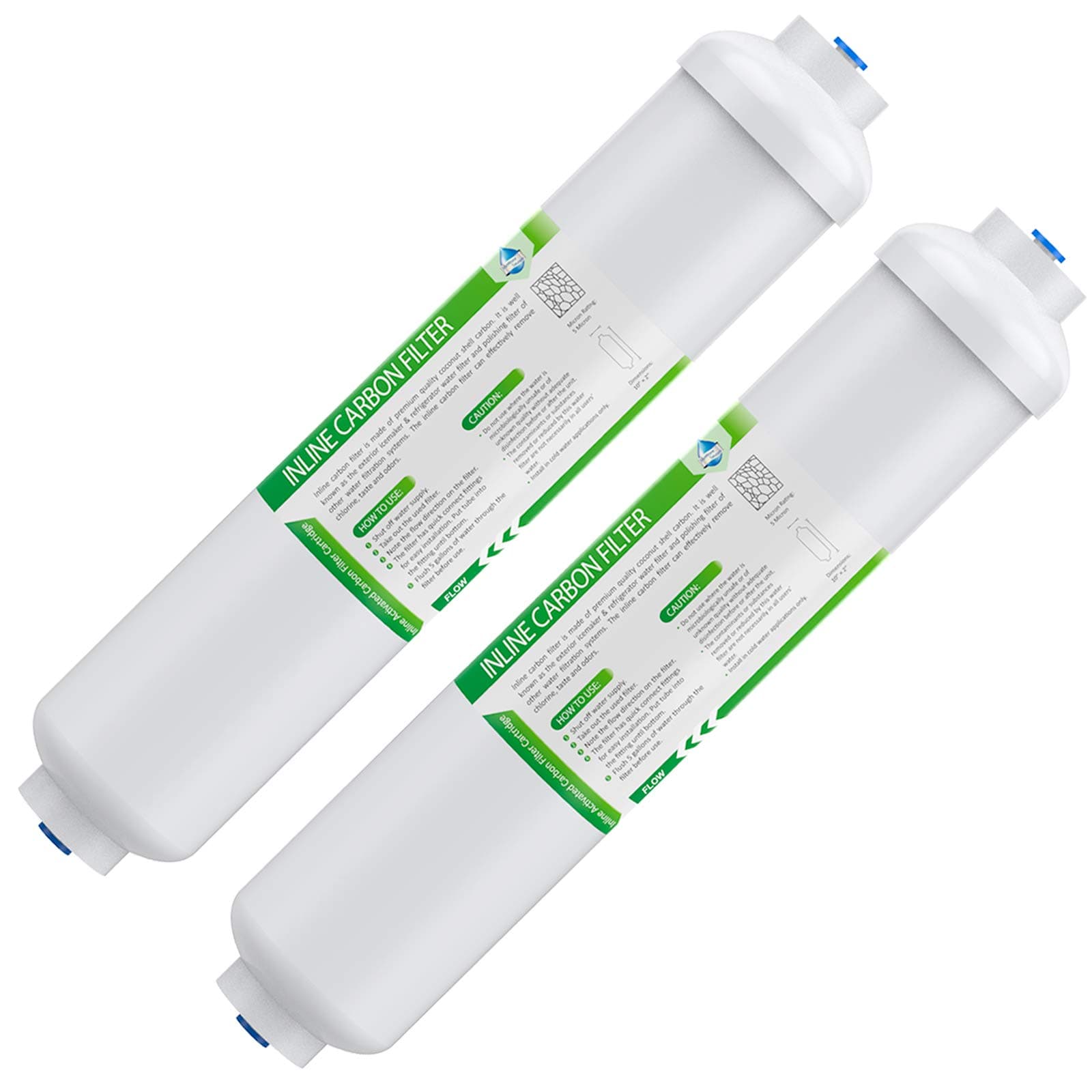 Membrane Solutions T33 Inline Water Filter, 2-Pack 1/4" Quick-Connect Replacement Cartridges for Refrigerator & Ice Maker, Post-Carbon Filter for Reverse Osmosis Systems, Push-to-Connect