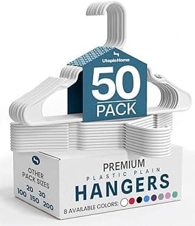 Utopia Home - Plastic Hangers 50 Pack - Space Saving Clothes Hanger - Durable and Strong Closet Organizers and Storage Makes It Ideal Stocking Stuffers or Apartment or Dorm Room Essentials (White)