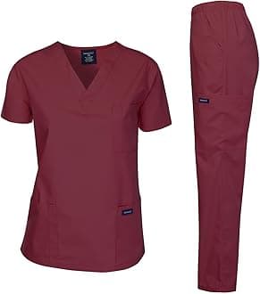 Dagacci Scrubs Medical Uniform Women and Man Scrubs Set Medical Scrubs Top and Pants, Burgundy, 5XL