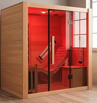 iDOTODO Far Infrared Wooden Sauna Room with Recliner, 2 Person Indoor Infrared Home Sauna, Indoor Saunas for Home 220V， 3400W, 9 Heaters, Hemlock, Bluetooth Speakers, 7 Color Light, Oxygen Bar