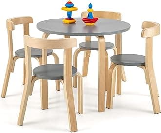 Costzon Kids Table and Chair Set, 5-Piece Wooden Activity Table w/ 4 Chairs, Toy Bricks, Classroom Playroom Daycare Furniture for Playing, Drawing, Reading, Bentwood Toddler Table & Chairs (Grey)
