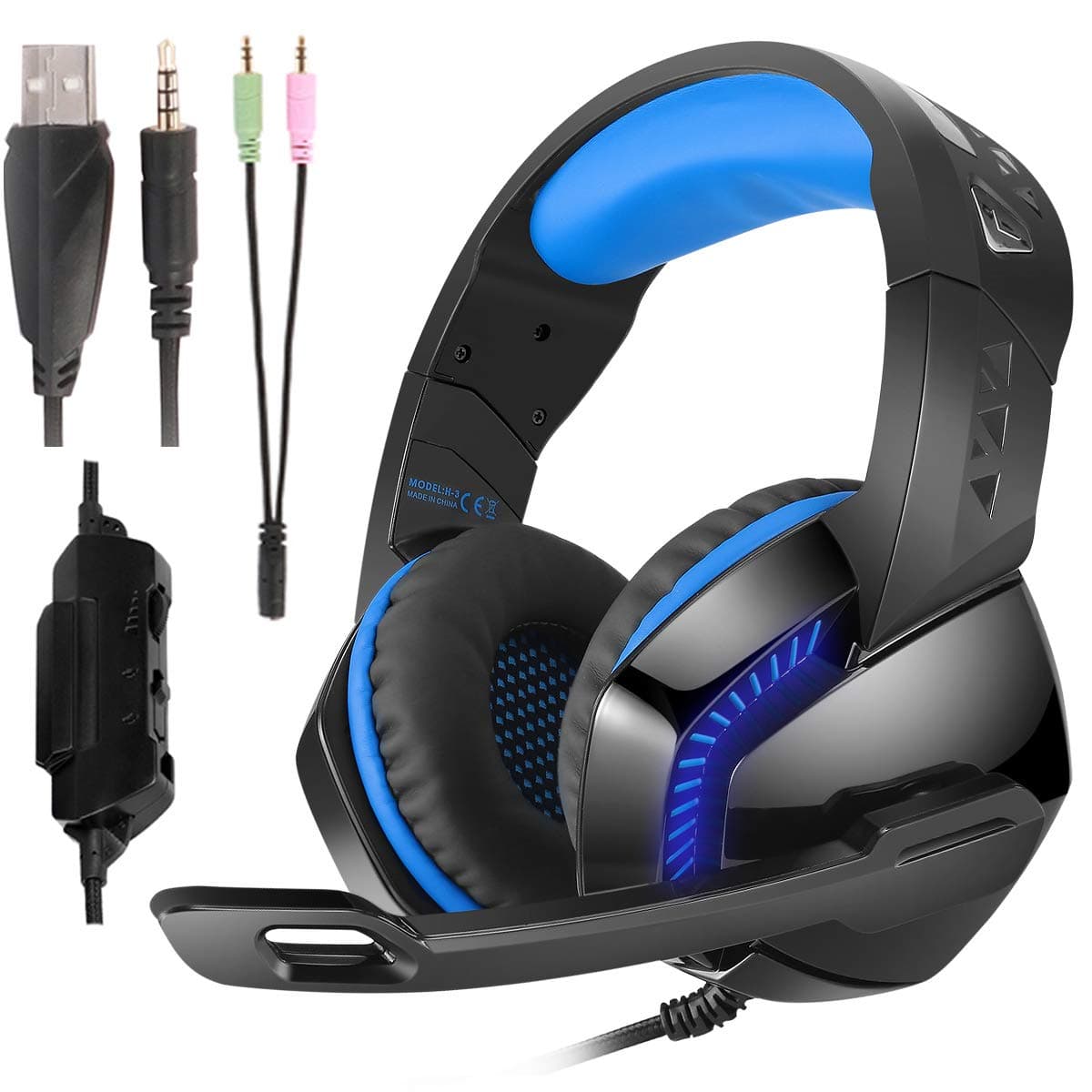 Gaming Headset with 3.5mm Plug Noise Cancelling Mic for PS4, Xbox One,Nintendo Switch PC Mac,Surround Sound Over-ear Headphones with LED Light,Volume Control,Soft Memory Earmuff,218mm Cable