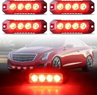 4-LED Surface Mount Strobe Lights for Trucks Car Vehicle Mini Grille Flashing Light Head Emergency Hazard Warning Grill Lamp Ultra Slim 4pcs Sync Feature (Red)