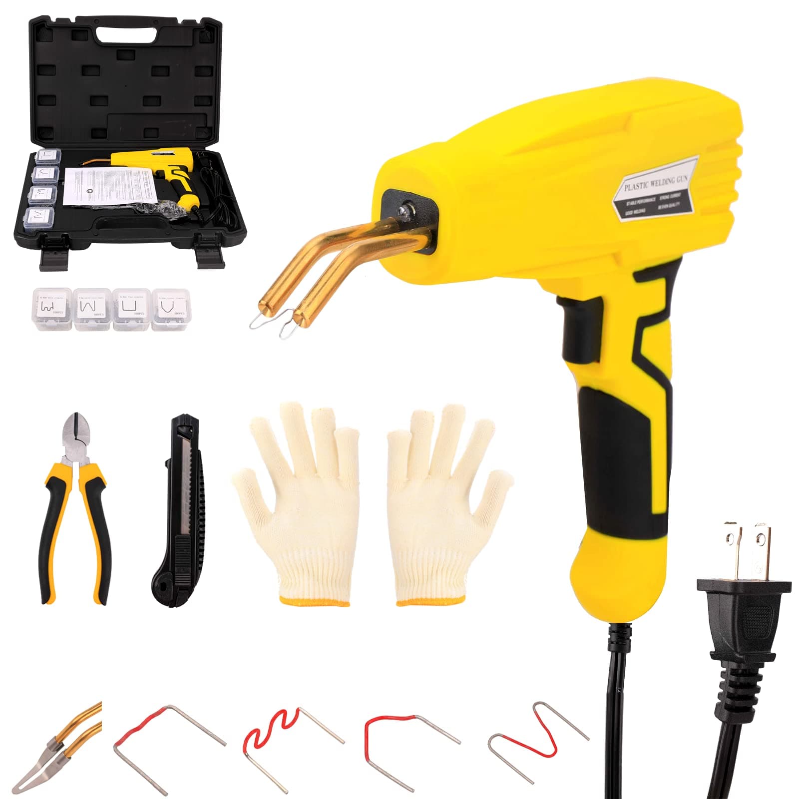 Tutor Auto 100W Plastic Welder, Plastic Welding Kit, Car Bumper Repair Kit with Hot Stapler Welding Gun, 400PCS Hot Staples, Plier, knife (Yellow)