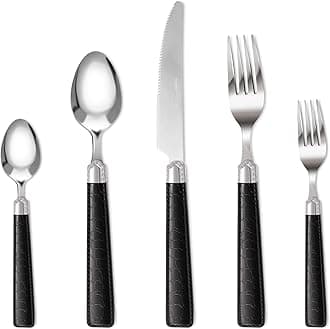 Carote Silverware Set for 4, 20 Pcs Stainless Steel Flatware Set, Mirror Polished Cutlery Utensil Set Including Knife Fork Spoon with Leather Patterned ABS Handle, Black