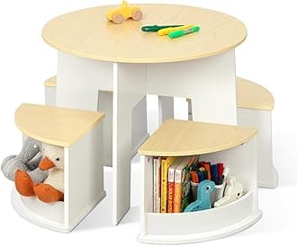 OOOK Toddler Table and Chair Set, Wooden Round Table with 4 Storage Stools, Kids Tables and Chairs for Arts, Crafts, Read and Play