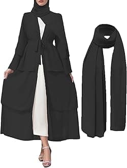 Muslim Abaya Dress for Women Modest Muslim Robe Long Sleeve Open Front Cardigan Islamic Dubai Outfits with Hijab Belt
