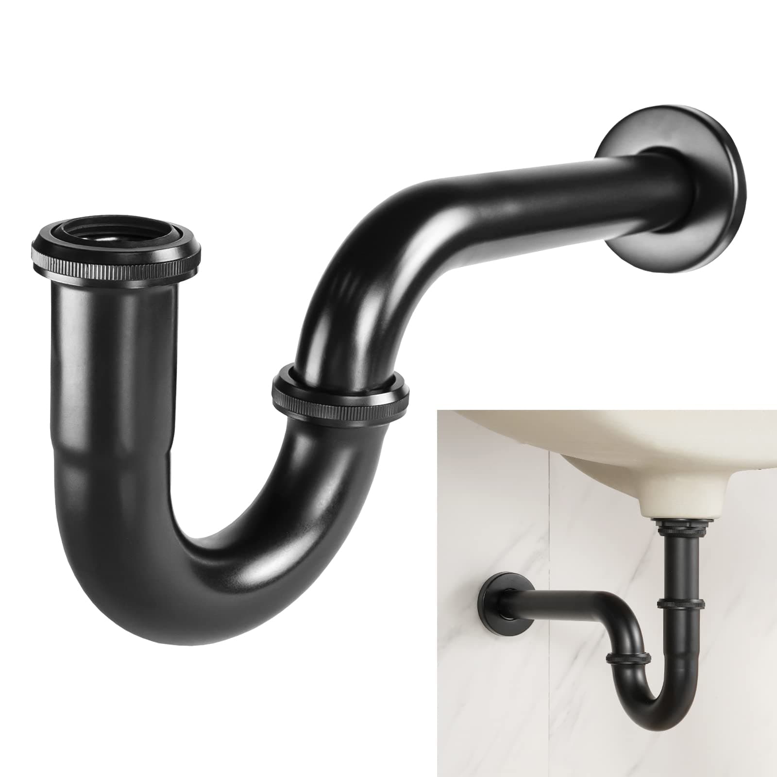 Stainless Steel P-Trap - 1 1/4 Inch Bathroom Basin Sink Waste Trap with Reducing Washer, Matte Black