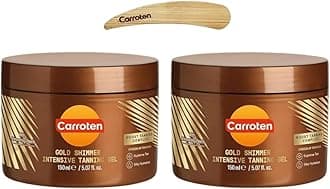 Gold Shimmer Tanning Gel | Browning Tan Accelerator | Non-Greasy, Water-Resistant with Carrot & Coconut Oil | Vitamin A & E For Moisture & Hydration | 5 oz (2 Pack) + Spatula