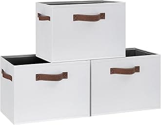GhvyenntteS Large Fabric Storage Bins with 3 Handles, 15x11x9.6 Inch Storage Baskets for Shelves, Foldable Closet Storage Bins for Shelves, Closet Organizers and Storage Boxes, White