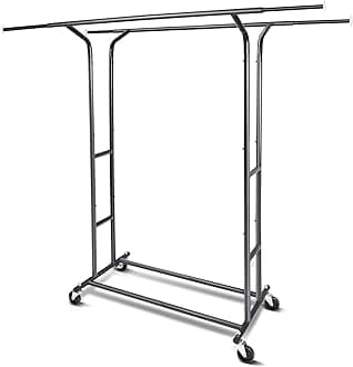 Fishat Black Heavy Duty Double Rod Garment Rack for Hanging Clothes, Rolling Clothes Organizer Commercial Metal with Lockable Wheels Mobile for Coats Dresses