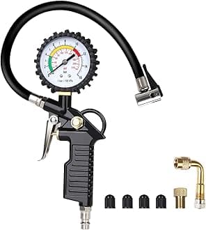 Tyre Pressure Gauge, 220 PSI Tyre Inflator with Pressure Gauge Air Compressor, Valve Air Chuck and 90 Degree Valve Extender for Heavy Duty Car Motorcycle Bicycle