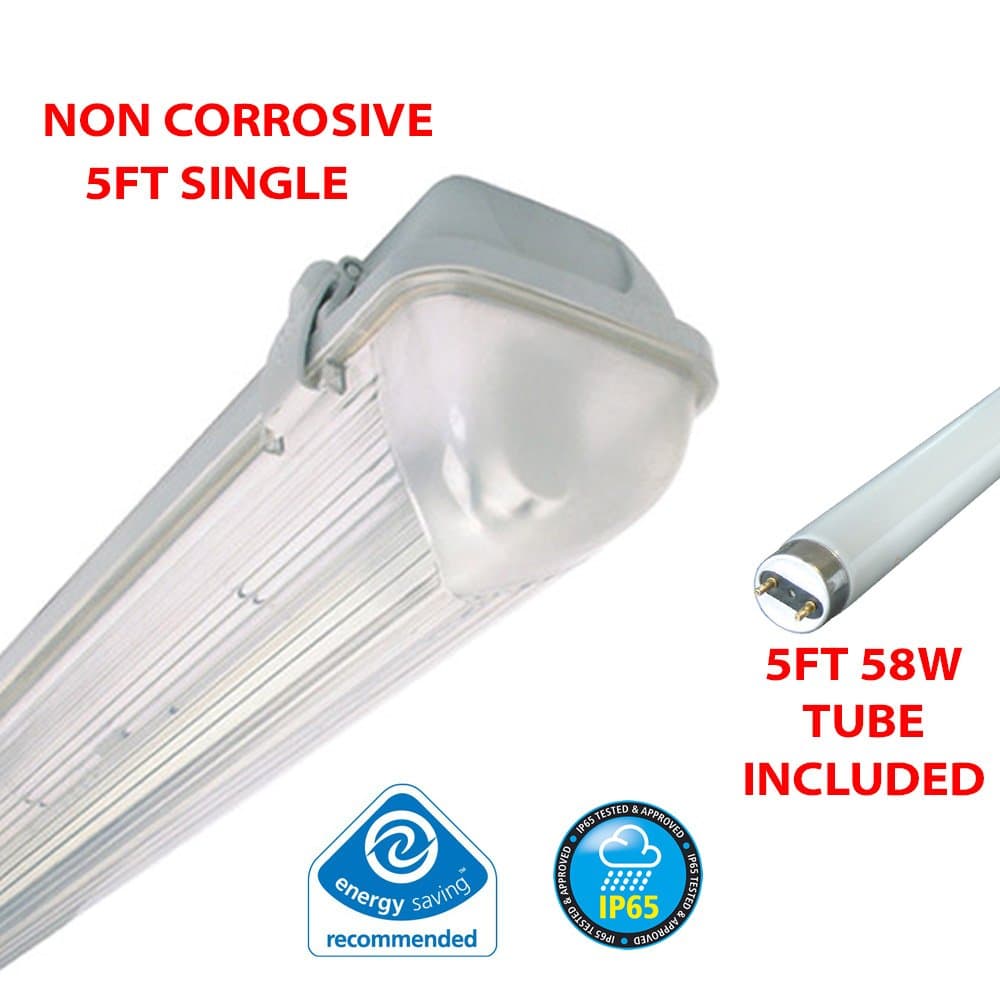 5FT SINGLE 58 WATT NON CORROSIVE WEATHERPROOF FLUORESCENT LIGHT FITTING (INCLUDES TUBE) - IP65 - WEATHERPROOF OUTDOOR STRIP LIGHT - IDEAL FOR GARAGES, WORKSHOP, SHEDS, GREENHOUSES OR COMMERCIAL APPLICATIONS - STURDY CONSTRUCTION - POLYCARBONATE DIFFUSER - HIGH FREQUENCY TRIDONIC CONTROL GEAR - BRANDED - 2 YEAR GUARANTEE