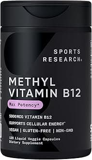 Sports Research® Vitamin B12 as Methylcobalamin 5000mcg - High Potency Vegan B12 w/Coconut MCT Oil for Energy Metabolism Support - Vegan Certified · Non-GMO · Gluten Free - 120 Liquid Caps
