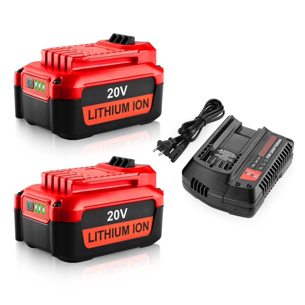 2Pack 20V 6.0Ah Lithium Battery Replacement for Craftsman CMCB202 CMCB204 CMCB0206 and CMCB104 Charger Replacement for Craftsman Compatible with V20 Tools