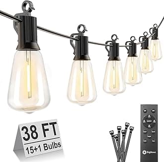 BrightownOutdoor String Lights with Remote, 38FT LED Patio Lights with 16 Shatterproof ST38 LED Bulbs, Waterproof Outside Hanging Lights for Backyard Garden Porch Party Decor, 2700KClimatePartner certified