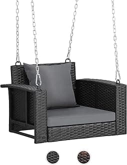 VINGLI 2.2 FT 1-Person Use Rattan Porch Swing Outdoor Support 440 LBS with Cushions & Adjustable Chains, Patio Wicker Swing Bench Chair for Garden, Yard, Lawn, Tree, Black