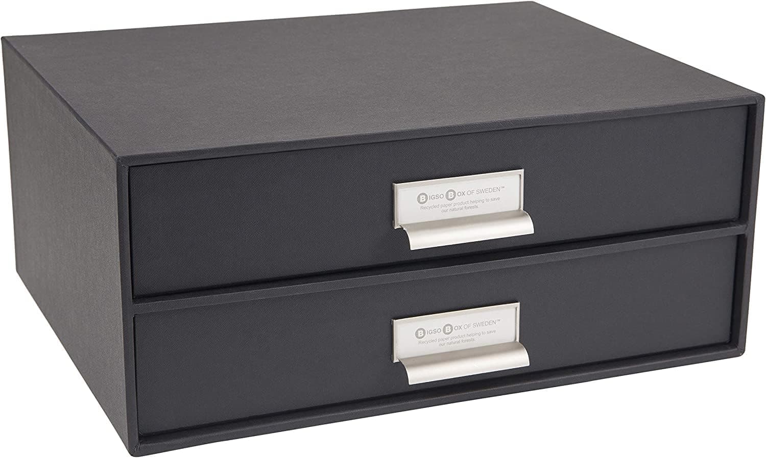 Bigso Birger 2-Drawer Fiberboard Label Frame Document Letter Box | Desktop Drawers for Loose Papers, Documents & More | Desktop Storage Drawers with Metal Label Holder | 13.1” x 10” x 5.7” | Dark Grey