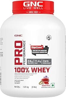GNC Pro Performance 100% Whey Protein | 4 lbs | Muscle Growth | Muscle Recovery | DigeZyme® For Easy Digestion | Informed Choice Certified | 24g Protein | 5.5g BCAA | Kesar Pista