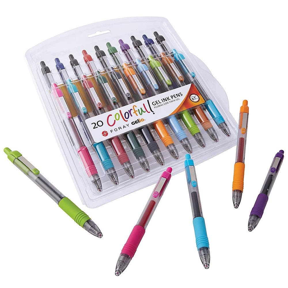 FORAY Soft-Grip Retractable Gel Pens, Medium Point, 0.7 mm, Assorted Barrels, Assorted Ink Colors, Pack of 20 Pens