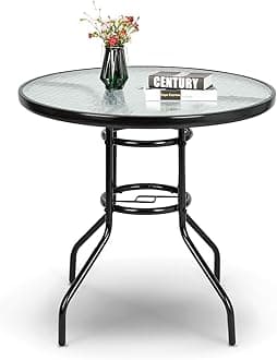 VINGLI Round Patio Table with Umbrella Hole, 32" Outdoor Dining Table Steel Tempered Glass Patio Tables Round Outdoor Tables for Balcony Garden Deck