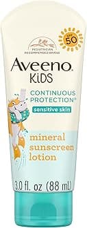 Aveeno Kids Continuous Protection Zinc Oxide Mineral Sunscreen Lotion for Children's Sensitive Skin with Broad Spectrum SPF 50, Tear-Free, Sweat- & Water-Resistant, Non-Greasy, 3 fl. oz