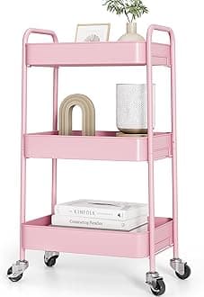 TOOLF 3-Tier Rolling Cart - Metal Utility Storage Organizer with Lockable Wheels, 33 lbs Per Shelf, Tool-Free 5-Min Assembly, for Kitchen Bathroom Office Nursery Craft Room, Pink