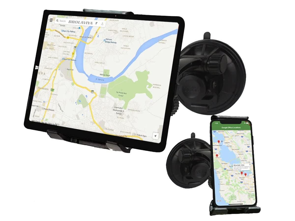BROLAVIYA Windshield Headrest Suction Car Holder Stands for Both Mobile Phones and iPad Galaxy Tablets Use Size 4'-10.1' inch-Black