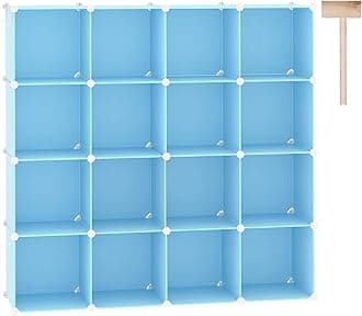 Cube Storage Organizer, 16-Cube Shelves Units, Plastic Storage Cubes, DIY Closet Organizer, Modular Closet Storage Shelves Ideal for Home, Bedroom, 48.4" L × 12.4" W × 48.4" H Blue UPCS16L
