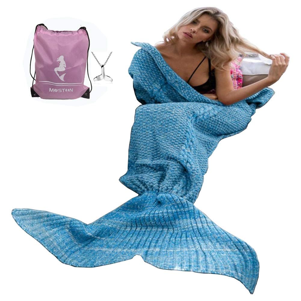 MOSTON Knitting Pattern for Kids, Mermaid Tail Soft and Warm Mermaid Tail Sleeping Bag Air Conditioning Blanket Snooze Bag Cute Mermaid Halloween Cosplay Gift, Light Blue Adult