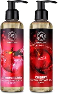 Sensual Massage Oil Set 2 x 200ml - Strawberry & Cherry - Blend of Almond and Grapeseed Oils - Edible & Kissable Massage Oil - Body Oil for Him & Her - for Couples - Romantic Gift - Relaxing Oil